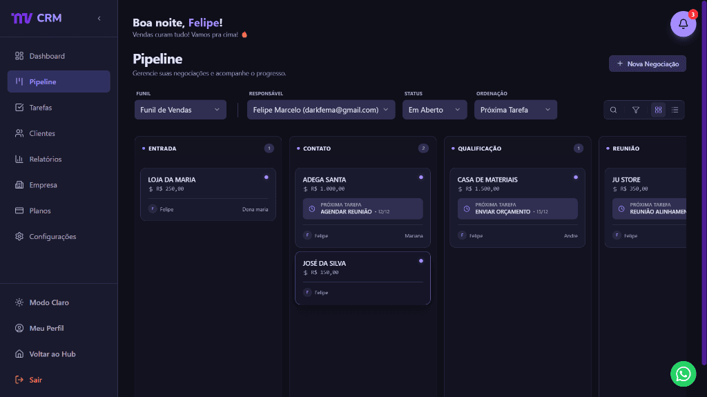 NV CRM Pipeline Kanban Interface